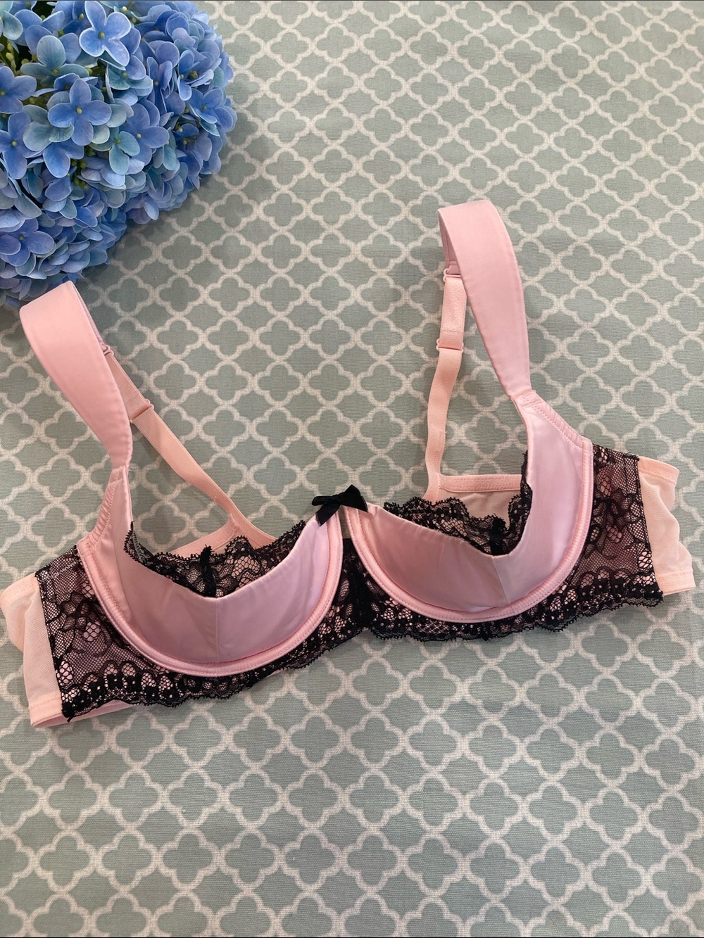 Cacique Quarter Cup Bra Pink Satin Black Lace 44B